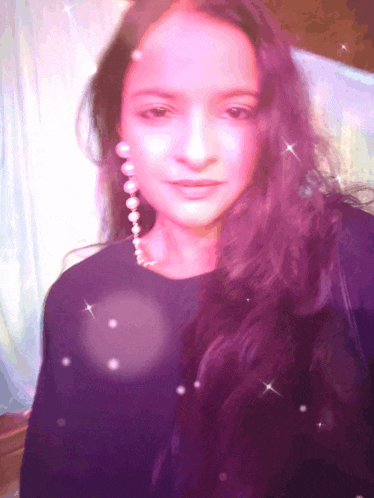 a woman with purple hair and pearls in her hair