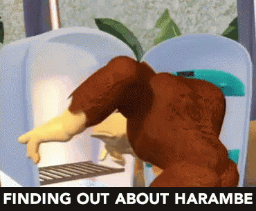 a picture of donkey kong looking into a refrigerator with the words finding out about harambe below it