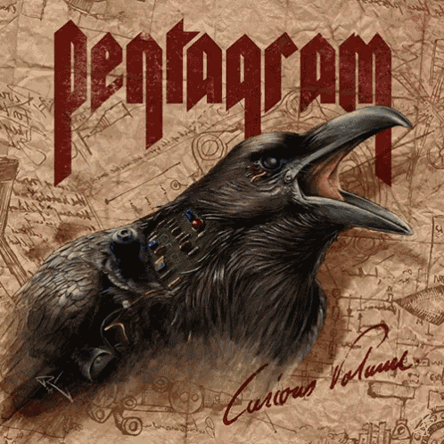 an album cover for pentagram shows a crow with its mouth open