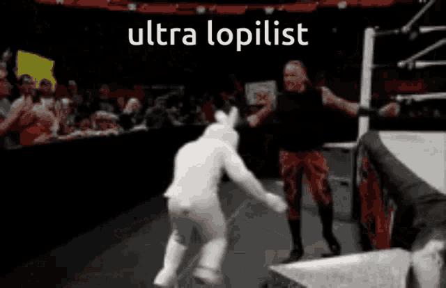 a man in a bunny costume is fighting another man in a wrestling ring with the words ultra loplist written above them