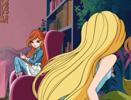 a cartoon girl with long hair is sitting in a chair