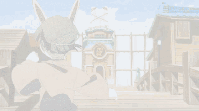 a man with bunny ears is standing in front of a building with the number 7 on the front
