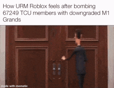 a cartoon of a man opening a wooden door with the caption how urm roblox feels after bombing 67249 tcu members