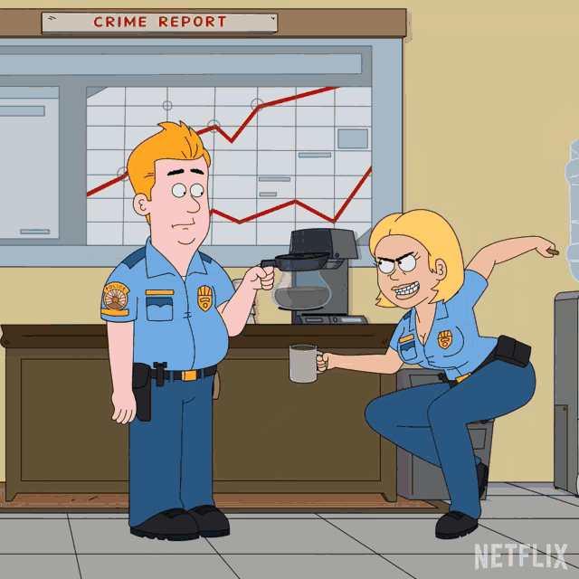 a cartoon of two police officers in front of a crime report
