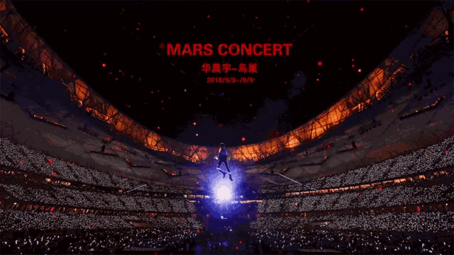 a poster for the mars concert with a man flying through the air