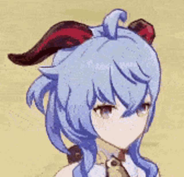 a cartoon girl with blue hair and red horns is looking at the camera .