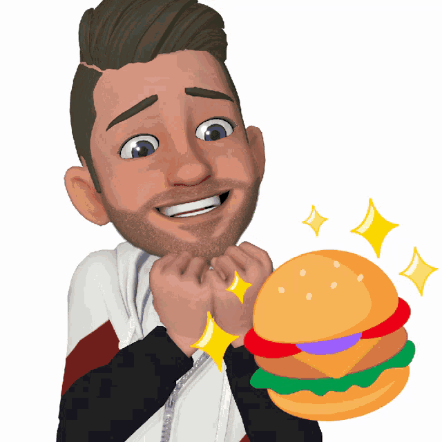 a man with a beard is holding a hamburger