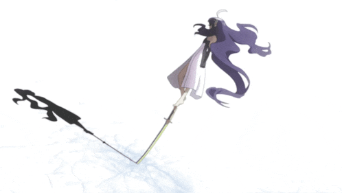 a person with long purple hair is holding a sword