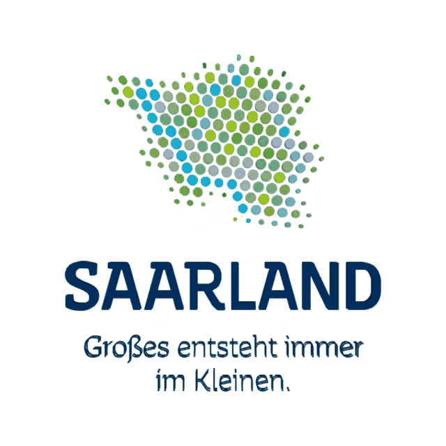 a logo for saarland shows a map and the words großes entsteht immer im kleinen