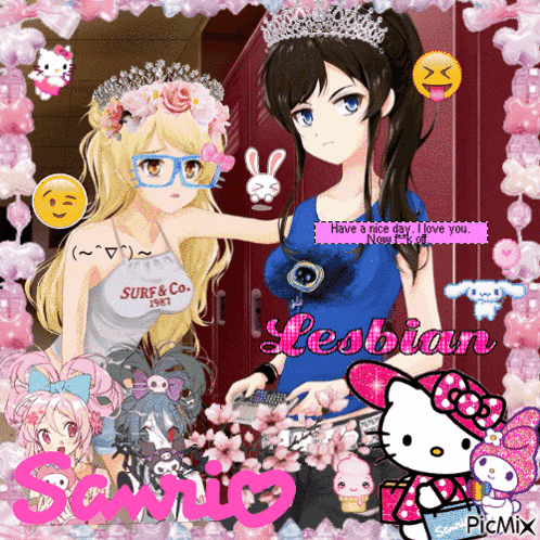 a picture of two anime girls with the words lesbian in the corner