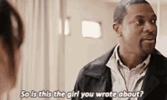 a man is talking to a woman and saying so is this the girl you wrote about .