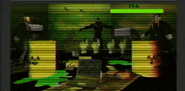 a video game screen shows a man with a green bar above his head that says ' i 'm alive '