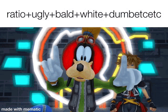a picture of goofy giving the middle finger with the caption ratio + ugly + bald + white + dumbetcete