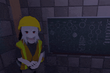 a drawing of a person standing in front of a chalkboard with the number 1.1 written on it
