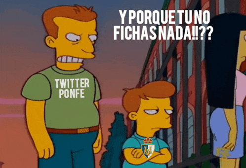 a man wearing a twitter ponfe shirt stands next to a boy