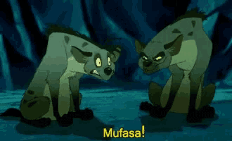 two cartoon hyenas are sitting next to each other with the words mufasa written below them