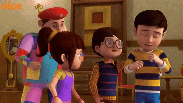 a group of cartoon characters are standing in a room with the nick logo on the bottom