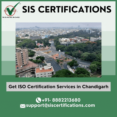 an advertisement for sis certifications in chandigarh with a picture of a city