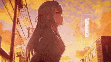 a girl with long white hair stands in front of a building with chinese writing