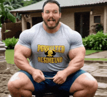 a man wearing a shirt that says powlleed resineund is squatting down