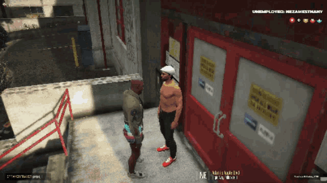 two men are standing in front of a red door with a sign that says unemployed on it
