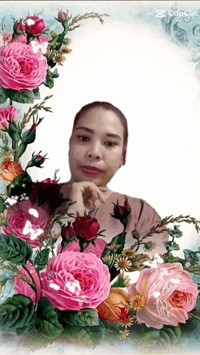 a picture of a woman surrounded by pink flowers with the caption capcut