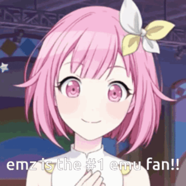 a pink haired anime girl with the words emz is the # 1 emu fan below her