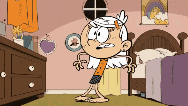 a cartoon character is standing in a bedroom next to a bed and a dresser