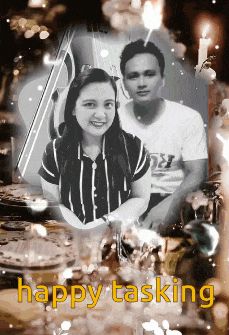 a black and white photo of a man and a woman with the words happy tasking at the bottom