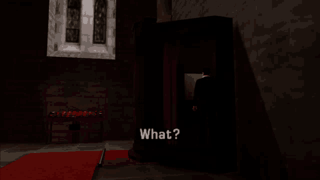 a video game screen shows a man in a confession booth and the question what