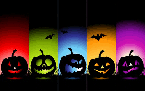 a row of colorful halloween pumpkins with bats on a black background