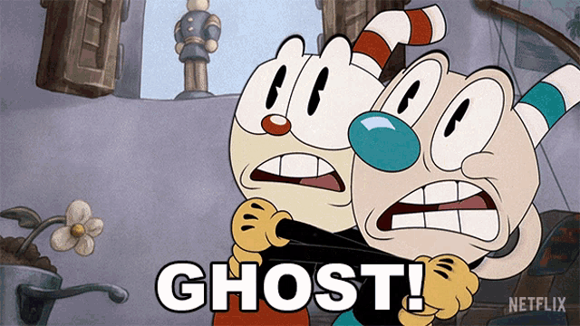 cuphead and slenderman from netflix are holding a gun and saying " ghost "