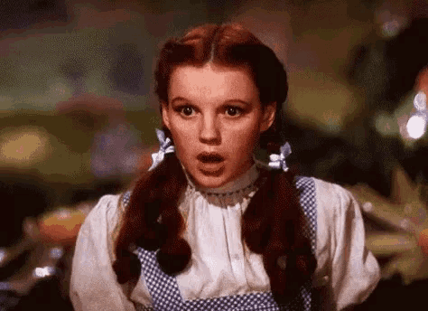 a woman with red hair and pigtails is wearing a blue and white checkered apron .