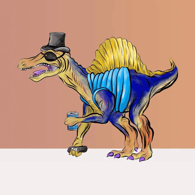 a dinosaur wearing a top hat and sunglasses is holding a can