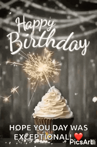 a birthday card with a cupcake and sparklers on it .