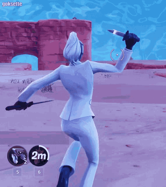 a woman in a white suit is holding a knife in a video game with the name goksette at the bottom