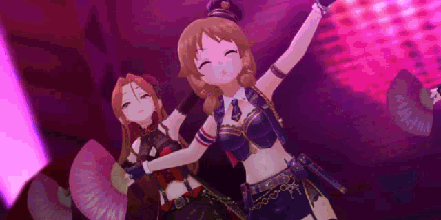 a couple of anime girls are dancing in a dark room with fans .