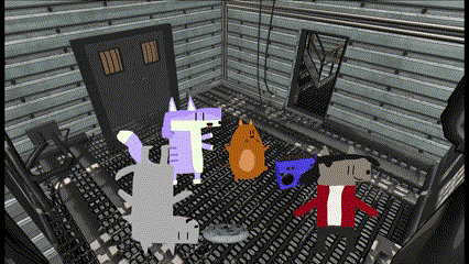 a group of cartoon characters standing in a room with a door