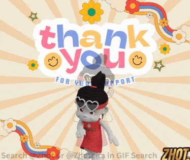 a cartoon girl is standing in front of a sign that says thank you for your support
