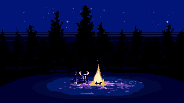 a pixel art illustration of a campfire in the woods at night
