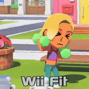 a cartoon character is holding dumbbells and the words wii fit are above her