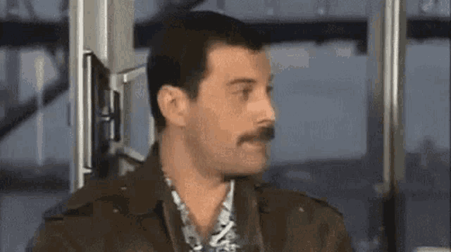 a man with a mustache is sitting in front of a window and looking at the camera .