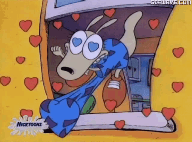 a cartoon dog with hearts in his eyes is looking out of a window surrounded by hearts .