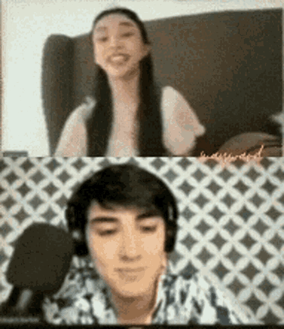 a man and a woman are talking on a video call .