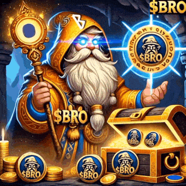 a man with a beard is holding a cane and a treasure chest with $bro written on it