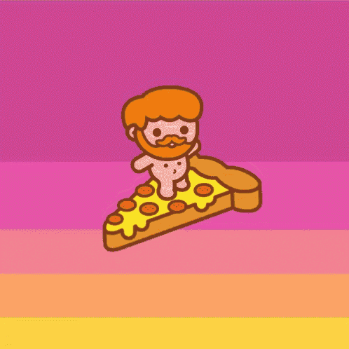 a cartoon of a man standing on a slice of pepperoni pizza