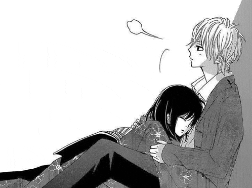 a black and white drawing of a boy holding a girl on his lap .