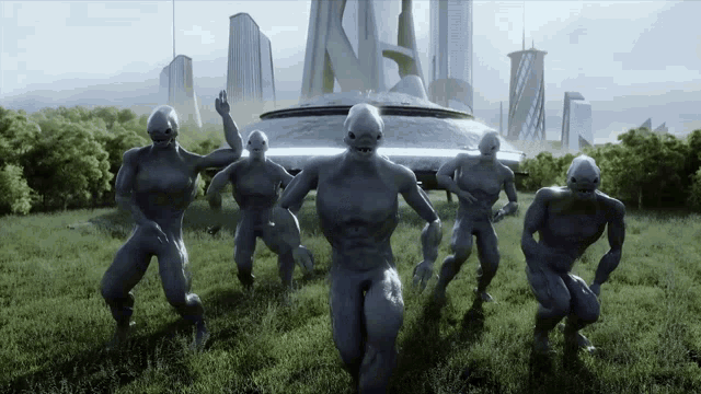 a group of aliens are running in a field
