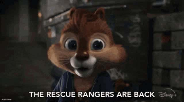 a cartoon chipmunk with the words `` the rescue rangers are back '' behind him .