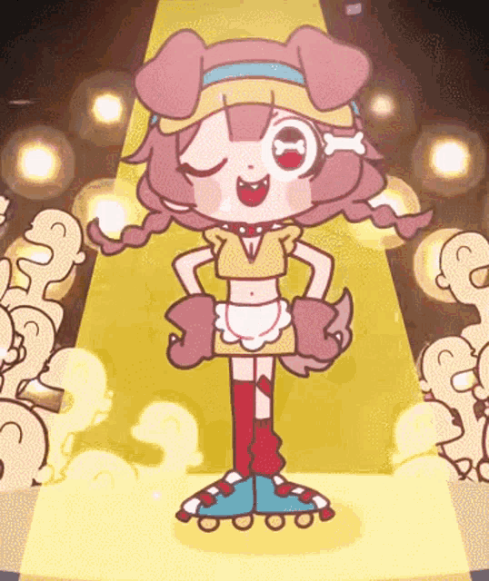a cartoon drawing of a girl wearing roller skates and a dog costume